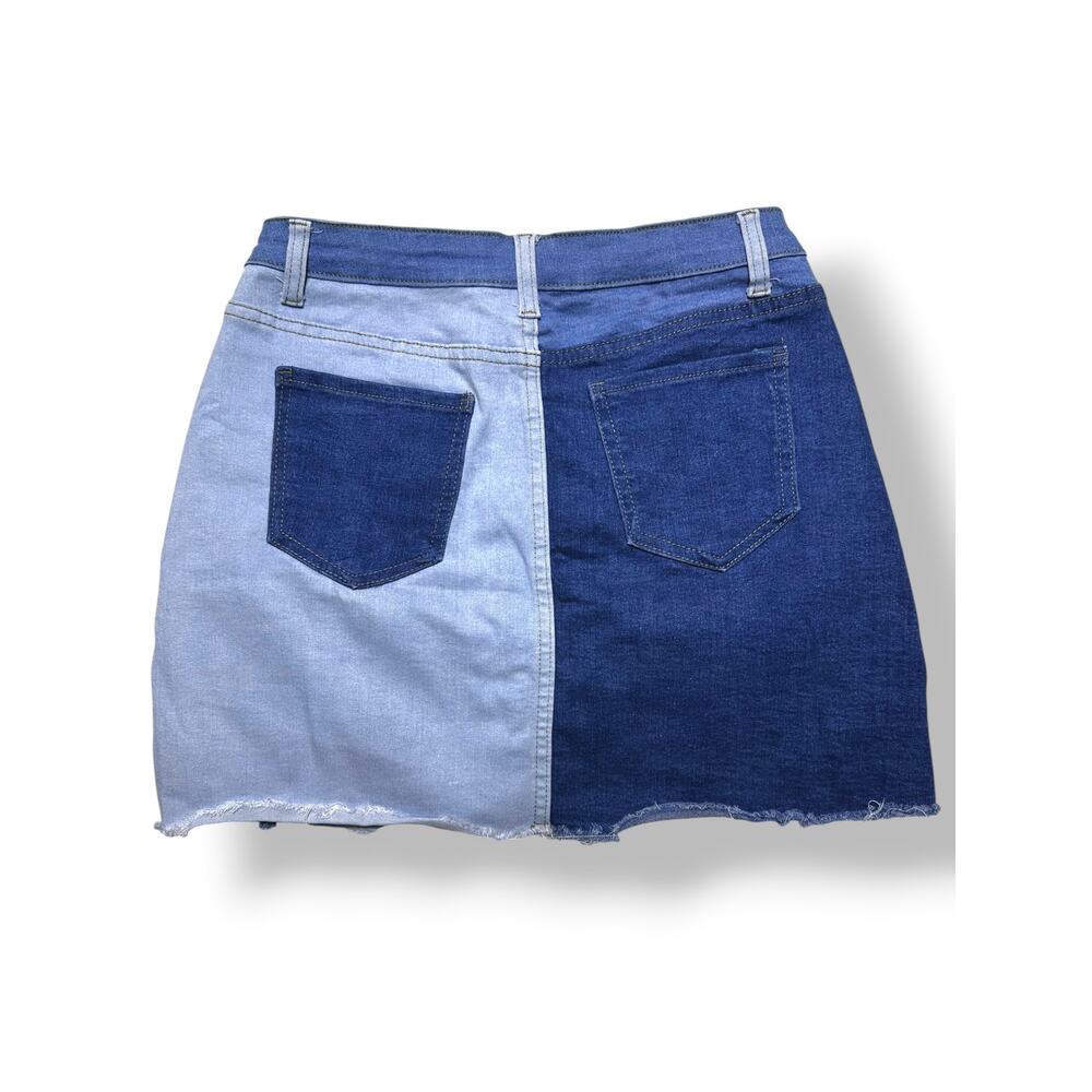Grace Karin Two-Tone Patchwork Denim Raw Hem Mini Skirt Size Large - Picture 6 of 6